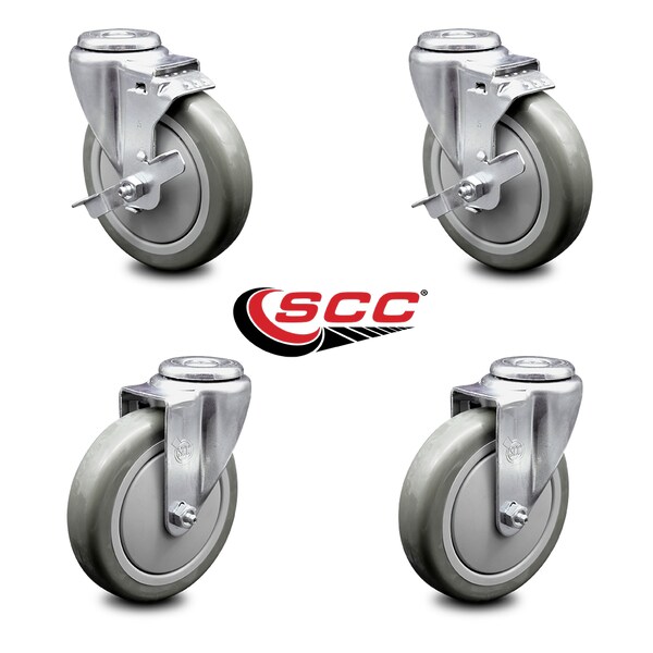 5 Inch Gray Polyurethane Wheel Swivel Bolt Hole Caster Set with 2 Brake SCC
